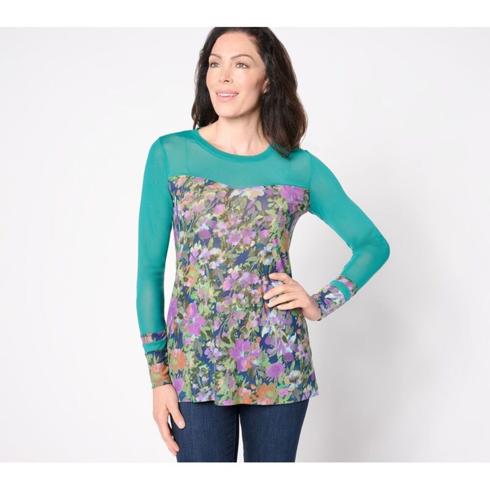 Farmers Defense Women's Top Plus Sz 1X Printed Sheer Mesh Solid Green A455491